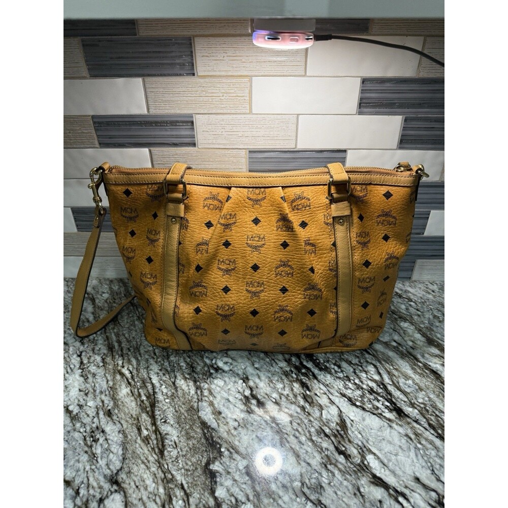 MCM Visetos Cognac 2-Way Tote EUC Fantastic Bag For Fall Plastic on Hardware - Picture 8 of 16